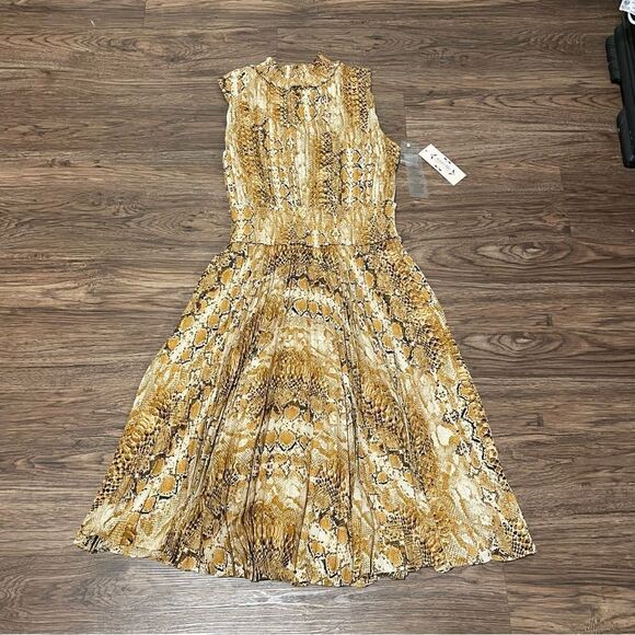 NWT Nanette Lepore Snakeskin Print Sleeveless Pleated MIDI Dress Gold Black 10 - Picture 2 of 12